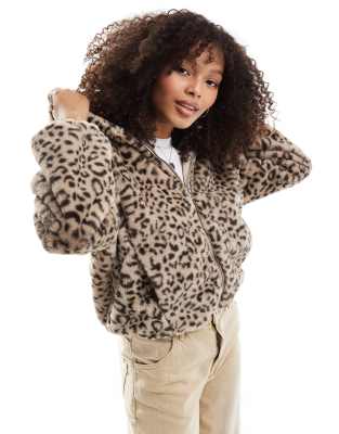 Bershka Hooded Faux Fur Jacket In Leopard Print-multi