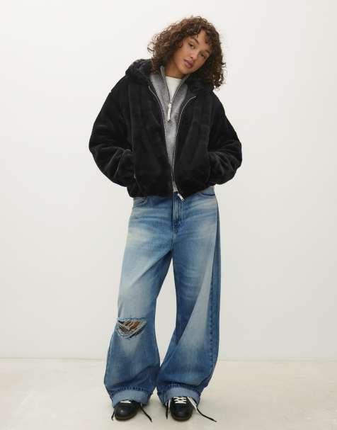 Bershka Hooded jacket with fur in black - view 1