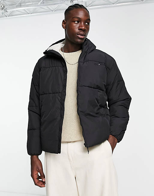Bershka hooded nylon puffer jacket in black | ASOS