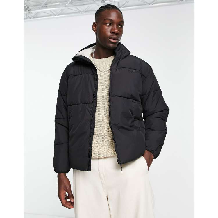 Bershka hooded nylon puffer jacket in black | ASOS