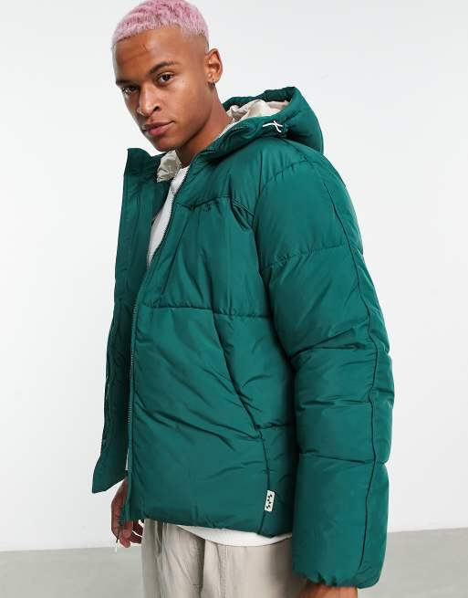 Bershka hooded nylon puffer jacket in green | ASOS