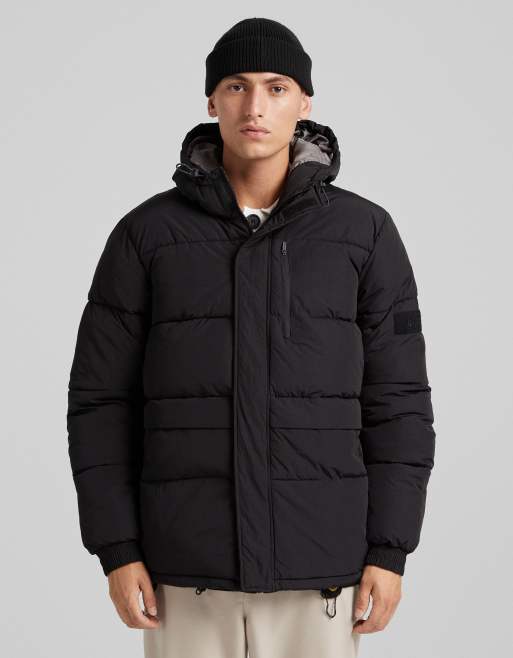 Bershka hooded puffer jacket in black | ASOS