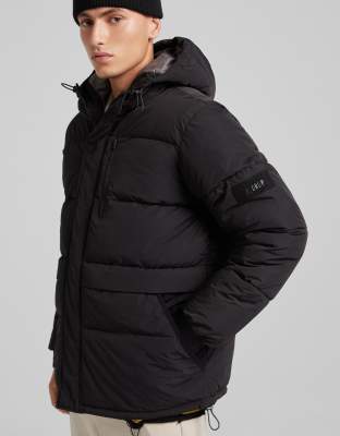 bershka hooded puffer jacket in black