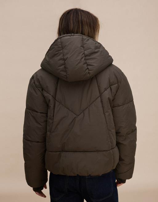 Bershka Hooded puffer jacket in brown, 3 of 5