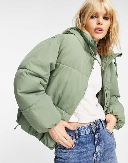 Bershka hooded puffer jacket in khaki