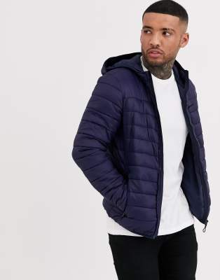 navy puffer jacket with hood