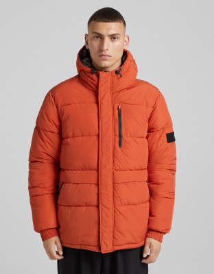 Bershka Hooded Puffer Jacket In Red