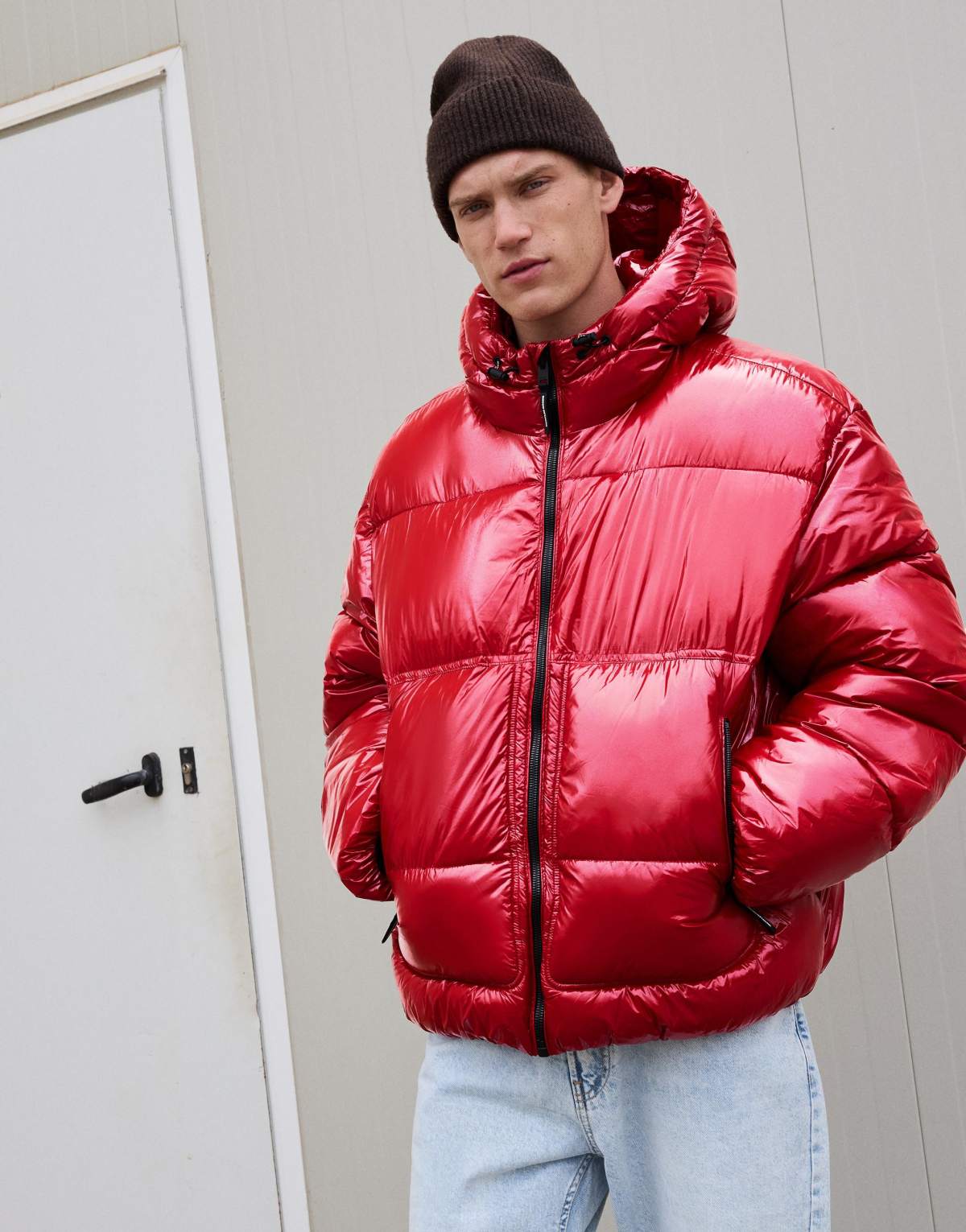 Bershka Hooded puffer jacket in red