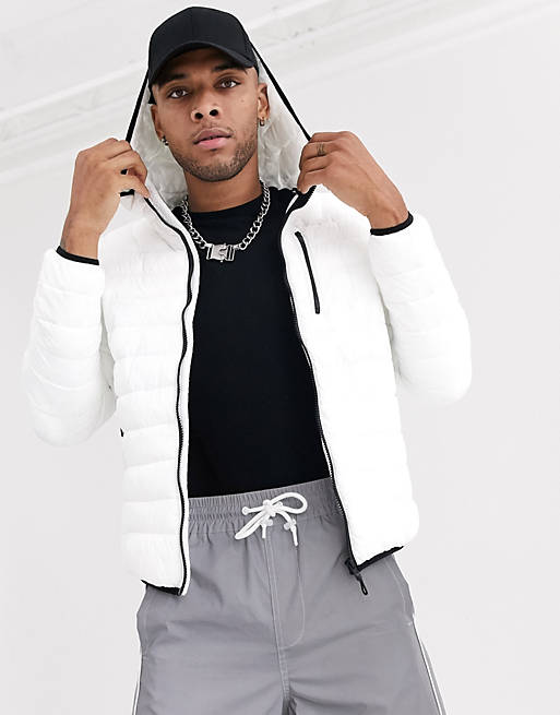 Bershka hooded puffer jacket with contrast trim in white | ASOS