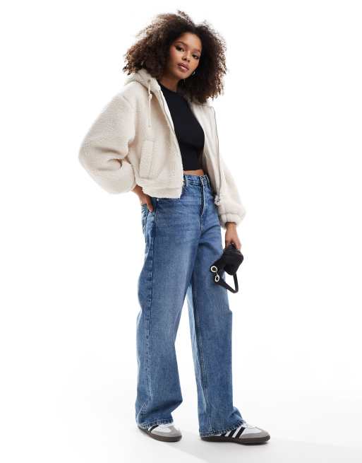 Bershka hooded shearling jacket in ecru, 2 of 4