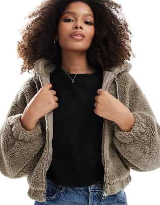 Bershka Hooded Shearling Jacket In Sand-neutral