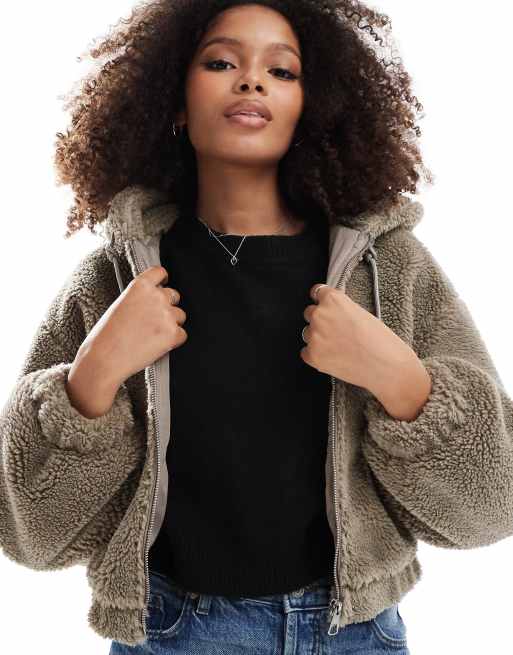 Bershka hooded shearling jacket in sand