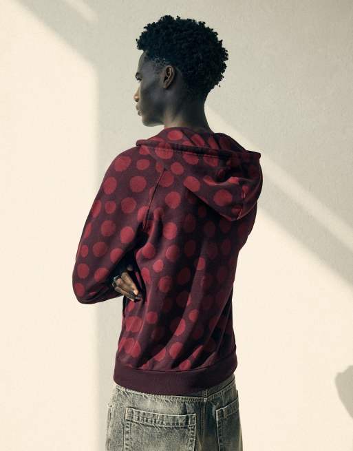 Bershka Hooded zip-up print sweatshirt in burgundy, 3 of 5