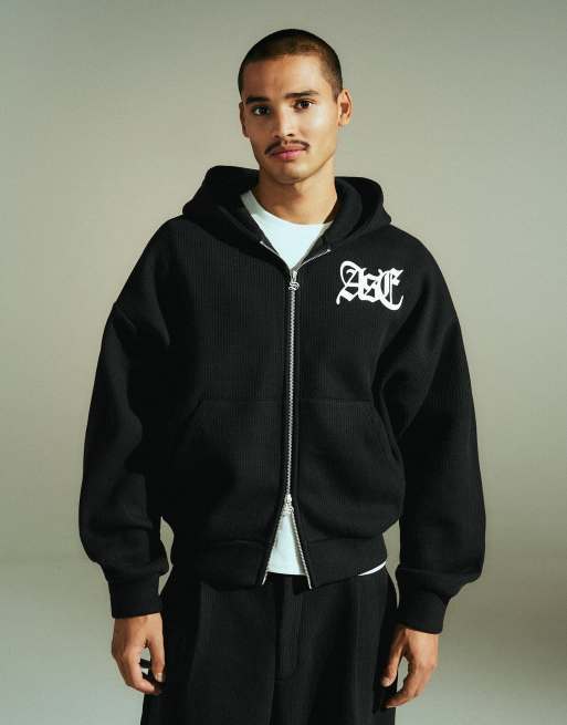 Bershka Hoodie aus Waffelstrick mit Stickerei in Schwarz, 2 von 6