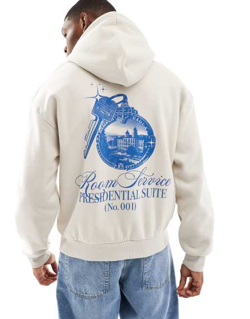 Bershka - Hoodie met grafische print op de achterkant in ecru