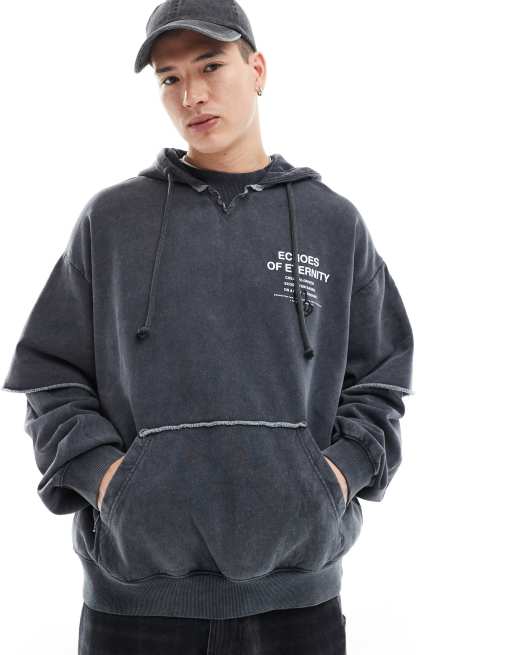 Bershka - Hoodie met onafgewerkte zoom en wassing in grijs