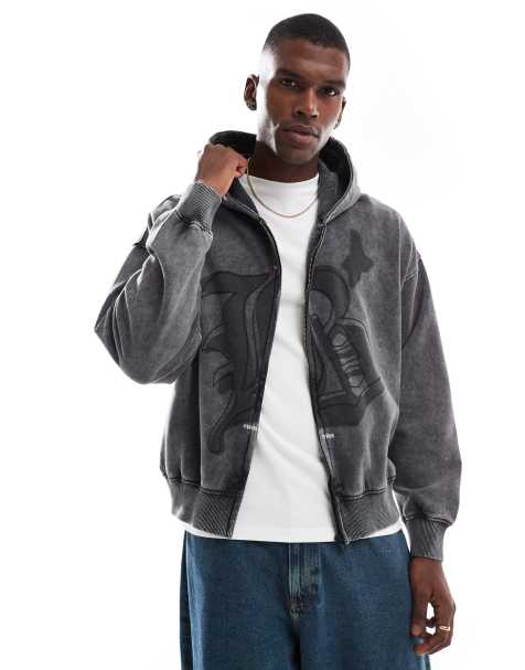 Bershka - Hoodie met opdruk en rits in zwart met wassing - view 1