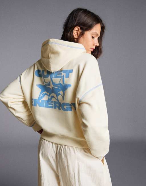 Bershka hoodie met print in ecru, 2 van 5