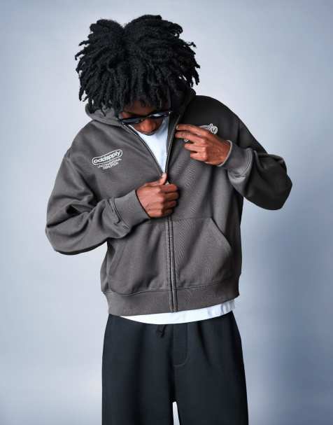 Bershka - Hoodie met rits en print in donkergrijs - view 1