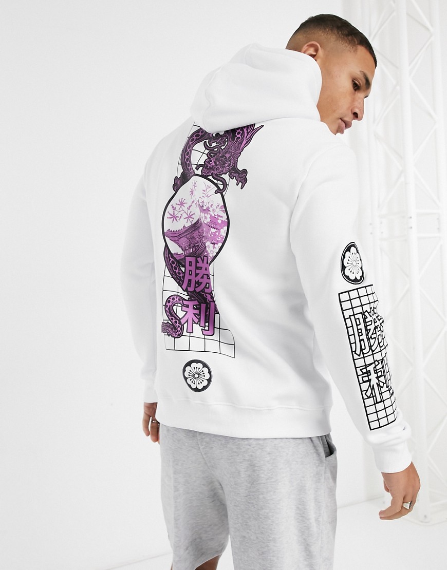 Bershka hoodie with dragon back print in white