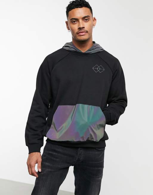 Bershka hoodie with reflective hood and pocket in black | ASOS