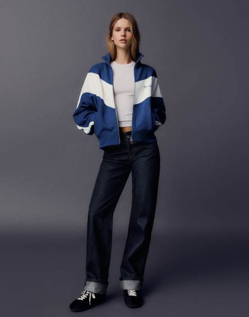 Bershka hoogsluitend jack met print in blauw, 4 van 6