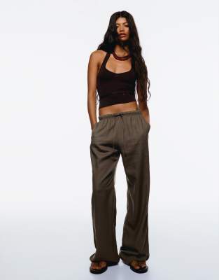 Bershka - Hose aus Leinenmix in Sand mit elastischem Taillenbund-Neutral