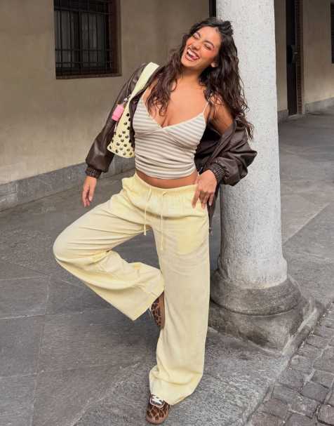 Bershka – Hose in Hellgelb mit hohem Leinenanteil und elastischem Bund - view 1