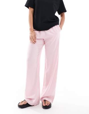 Bershka - Hose in Leinenoptik in Rosa mit weitem Bein und Kordelzug im Bund