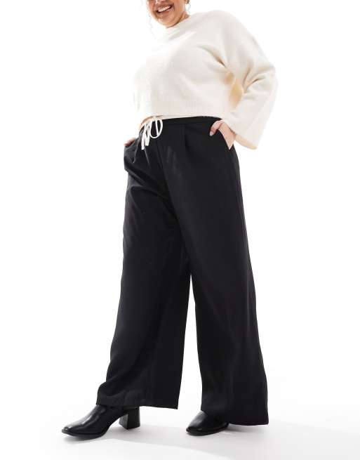 Bershka – Hose in Schwarz mit weitem Bein und Kontrastbund mit Tunnelzug, 3 von 5