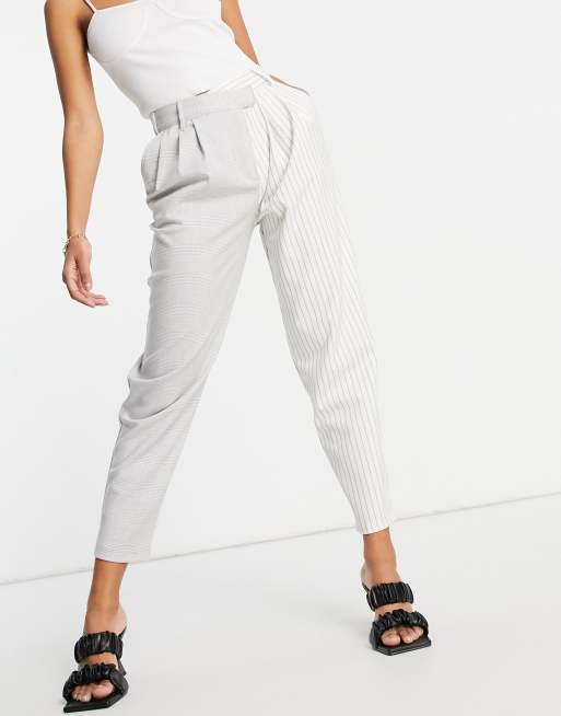 Bershka – Hose mit geteiltem Karo- und Streifenmuster und gestuftem Bund in Grau