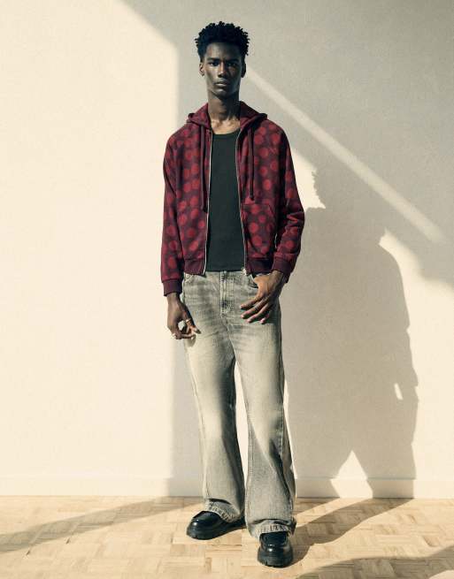 Bershka hættetrøje med lynlås og print i burgundy, 4 af 5