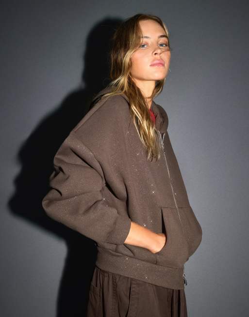 Bershka hættetrøje med rhinsten i brun, 2 af 5
