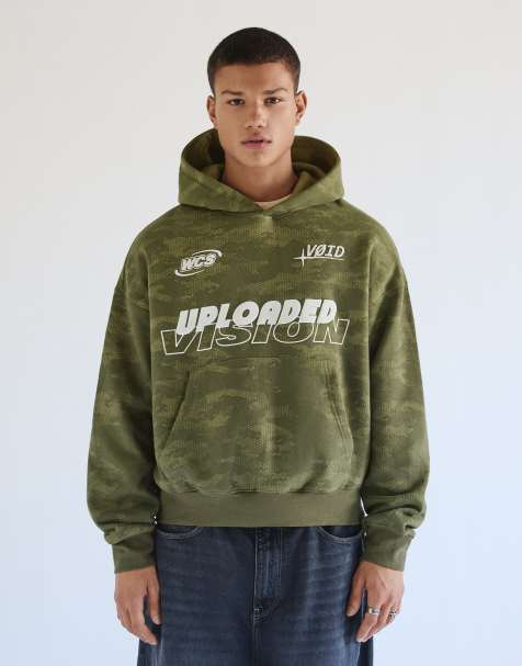 Bershka huvtröja med tryck i khaki - view 1