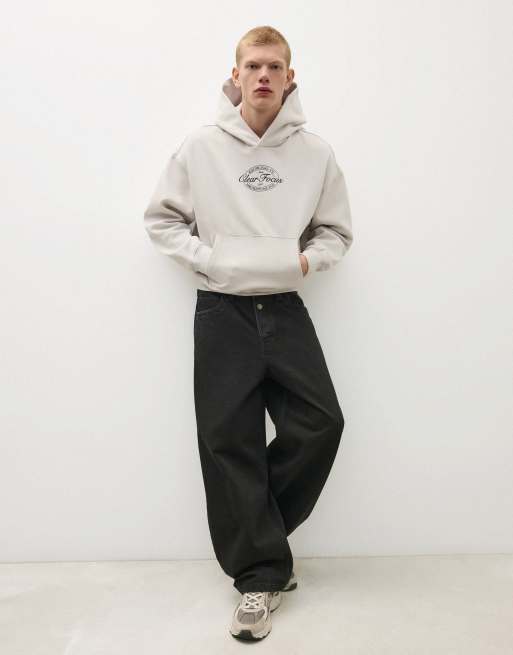 Bershka huvtröja med tryck i off white, 3 av 5