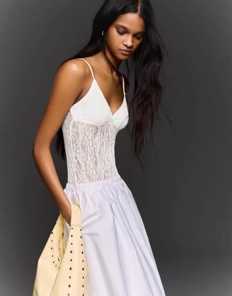 Bershka - Hvid bodystocking med stropper i blondestof - view 1