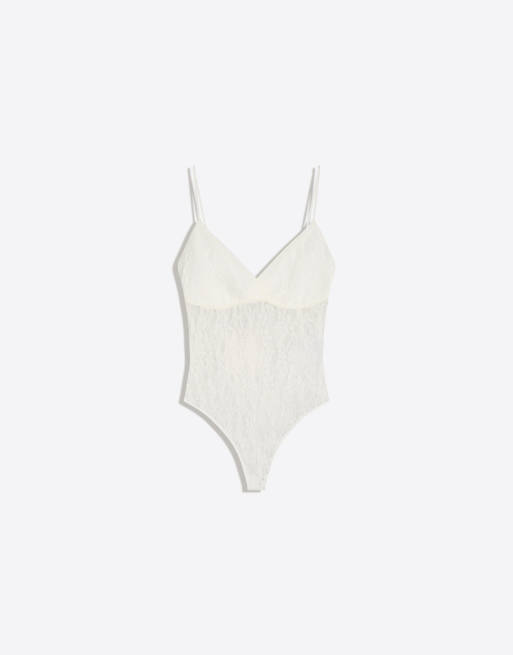 Bershka - Hvid bodystocking med stropper i blondestof, 5 af 6