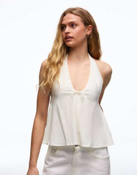 Bershka - Hvid halterneck-top med bindebånd i hørblanding - view 1