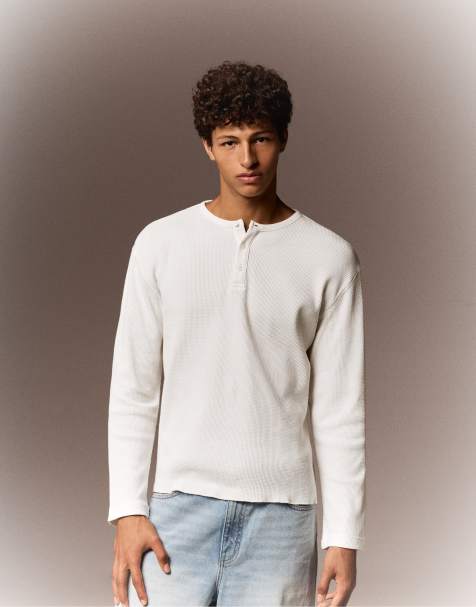 Bershka - Hvid henley-T-shirt med lange ærmer i slim fit - view 1