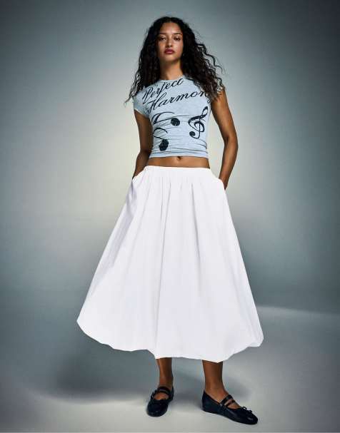 Bershka - Hvid midinederdel med ballondesign - view 1