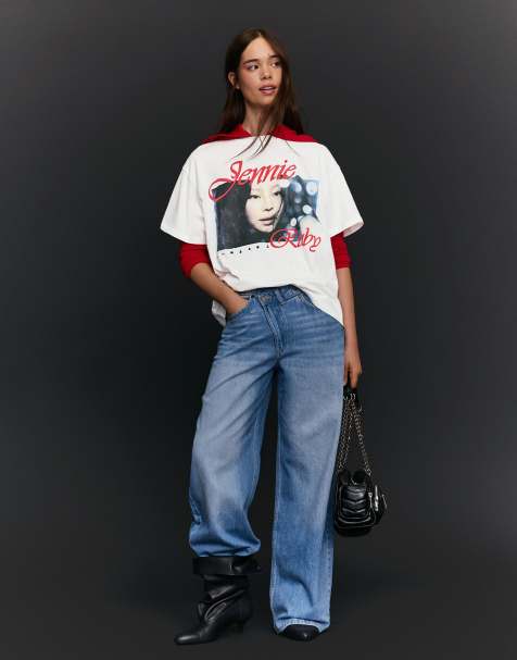 Bershka - Hvid oversized T-shirt med korte ærmer og Jennie Ruby-print - view 1