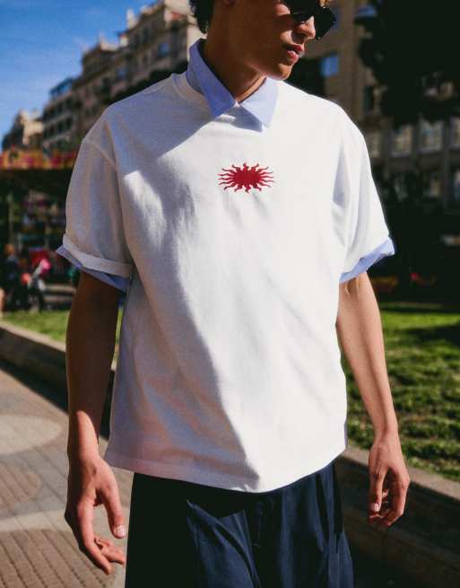 Bershka - Hvid oversized T-shirt med print i firkantet pasform, 2 af 3