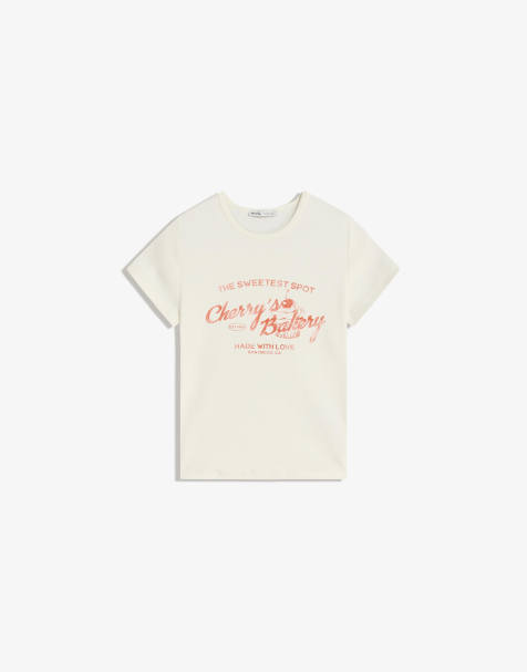 Bershka - Hvid T-shirt med korte ærmer og print - view 1