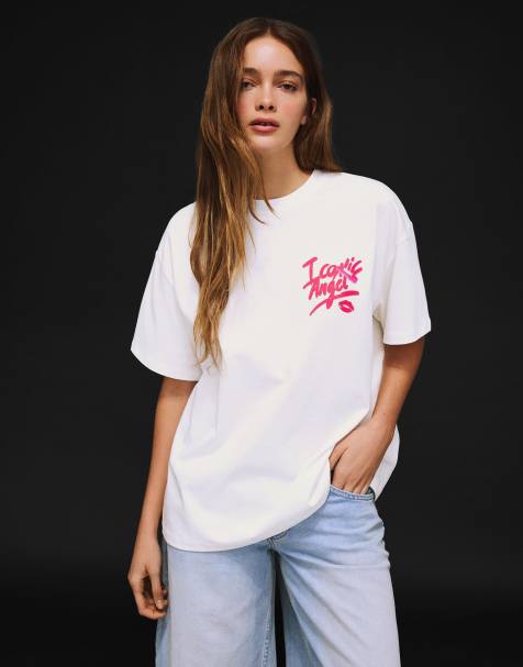 Bershka - Hvid T-shirt med korte ærmer og print - view 1