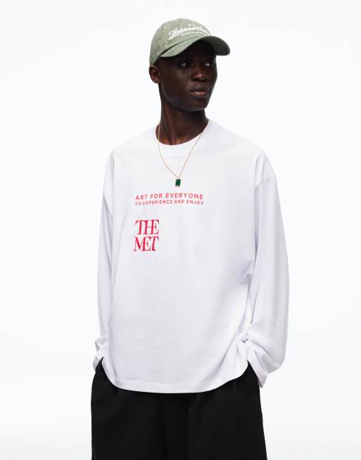 Bershka - Hvid T-shirt med lange ærmer og 'The Met'-print, 4 af 4