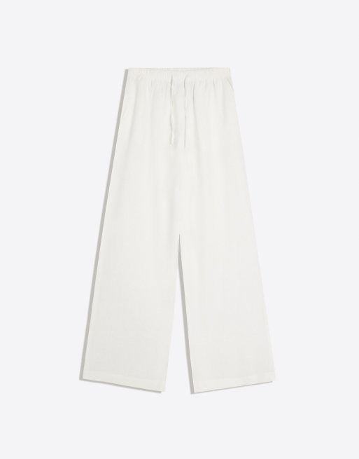 Bershka - Hvide bukser i hørrigt stof med elastisk taljebånd , 3 af 4