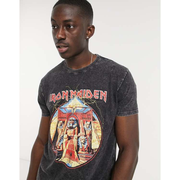 Bershka Iron Maiden print t shirt in gray