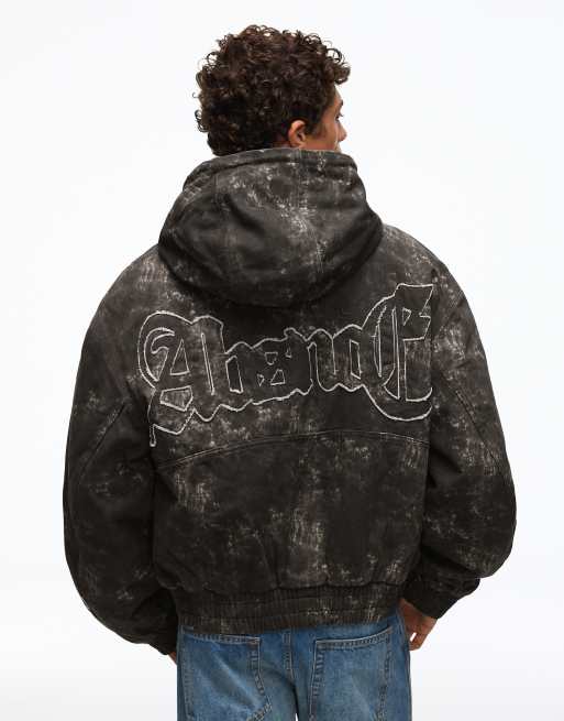 Bershka jack met capuchon en all-over print in gewassen grijs, 2 van 5