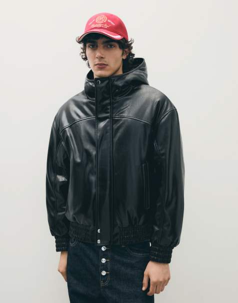 Bershka jack met capuchon en leerlook in zwart - view 1