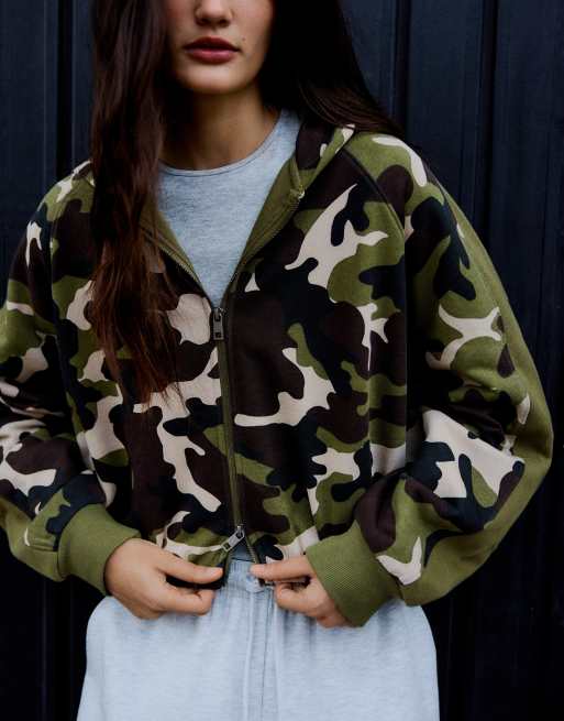Bershka jack met capuchon en print in khaki, 4 van 6